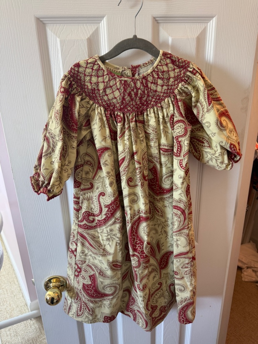 Le Za Me Smocked Paisley Girls Dress in Cream and Burgundy | size 4